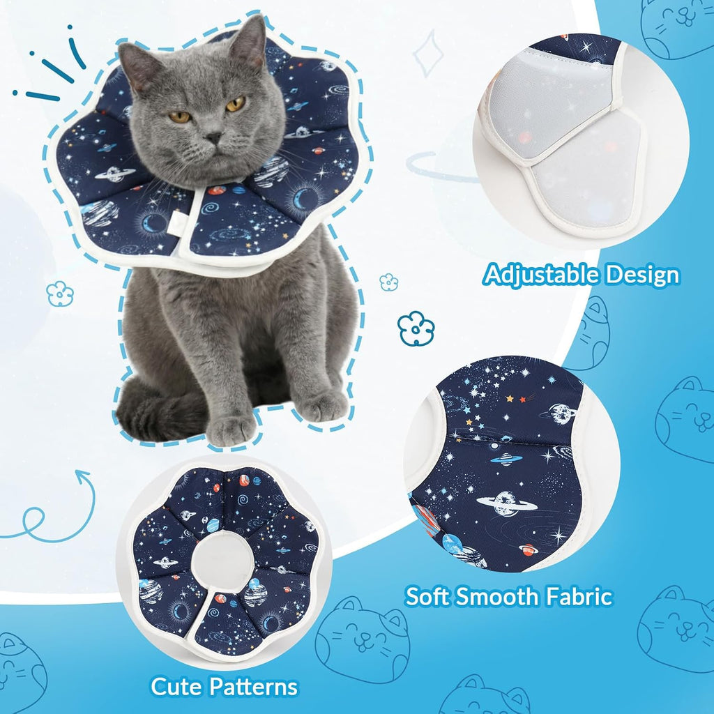 Lightweight fabric Elizabethan collar for cats preventing wound licking after surgery.