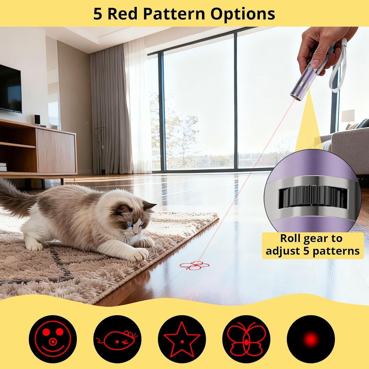 OUMSIS purple pet chase toy showing the exposed USB charging port under the back cover.
