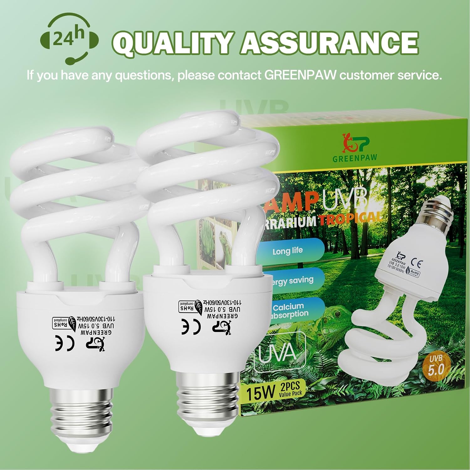 UVB Light for Reptiles 5.0: 15W UVA UVB Reptile Light Bulb 2 Pack, Tropical Reptile UVB Bulb Compact Fluorescent Terrarium Lamp,UVB Light Bulb for Chameleon Turtle Gecko Include UV Sensor Card - Image 9