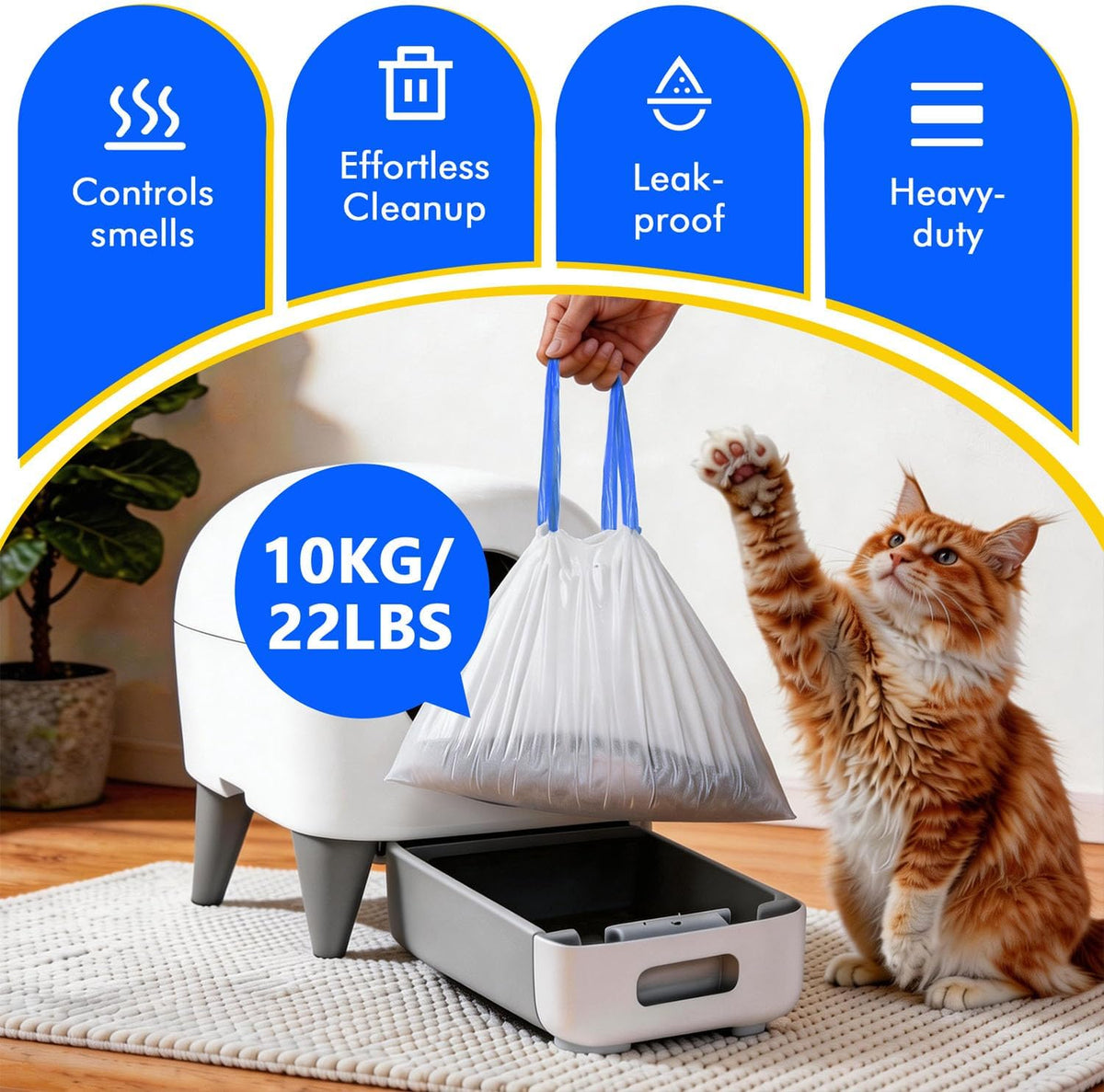 Decalare extra thick cat litter liners illustrating leak proof durability.