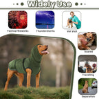 Side profile of green Idomik dog calming jacket showing fit