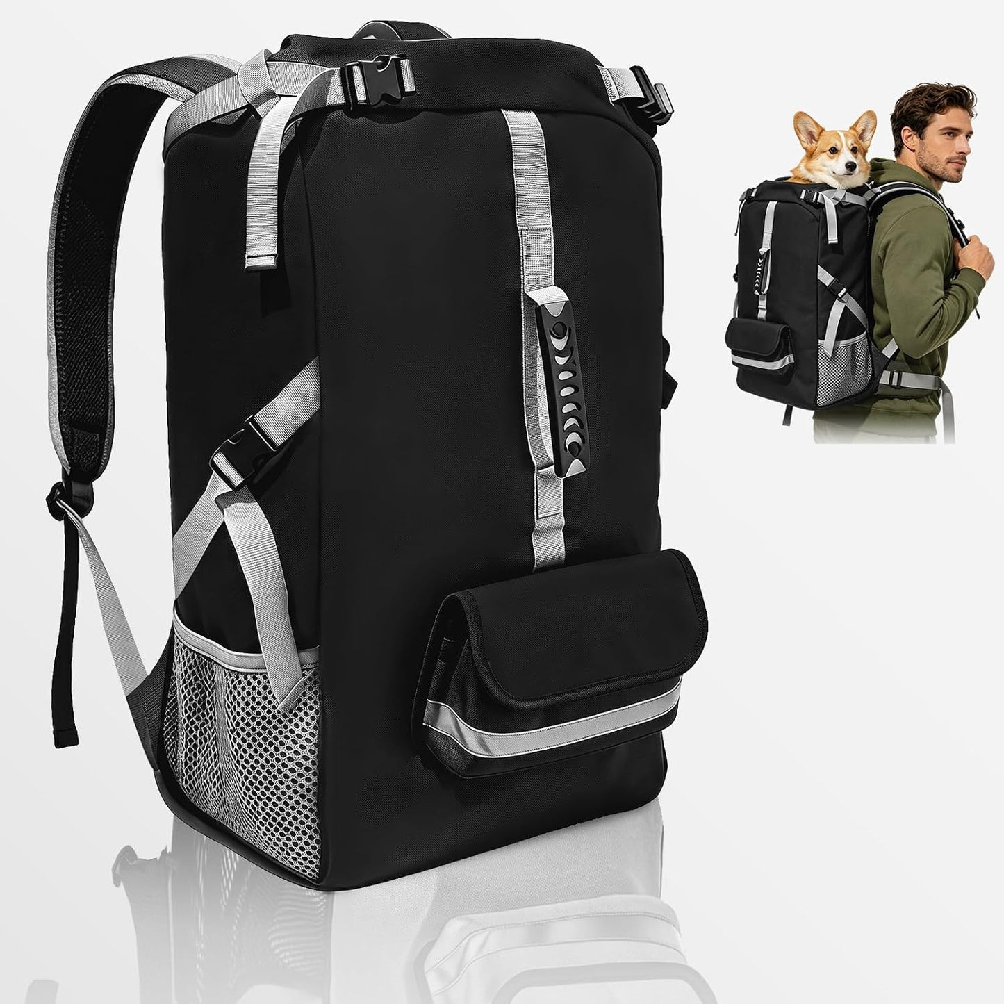 ZIPOWEY dog carrier backpack front view in solid black color showcasing the premium honeycomb mesh panel and robust zipper enclosures.