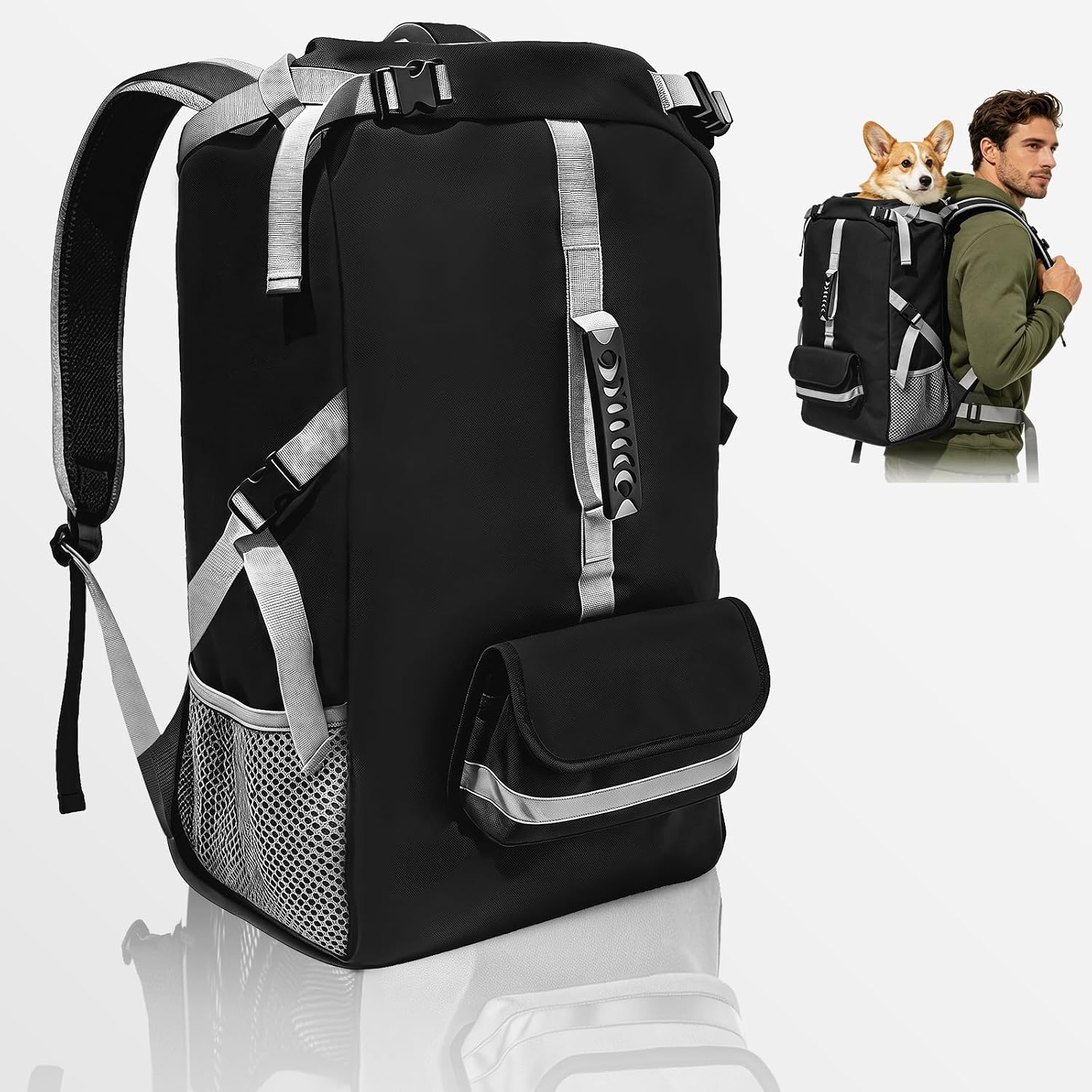 ZIPOWEY dog carrier backpack front view in solid black color showcasing the premium honeycomb mesh panel and robust zipper enclosures.