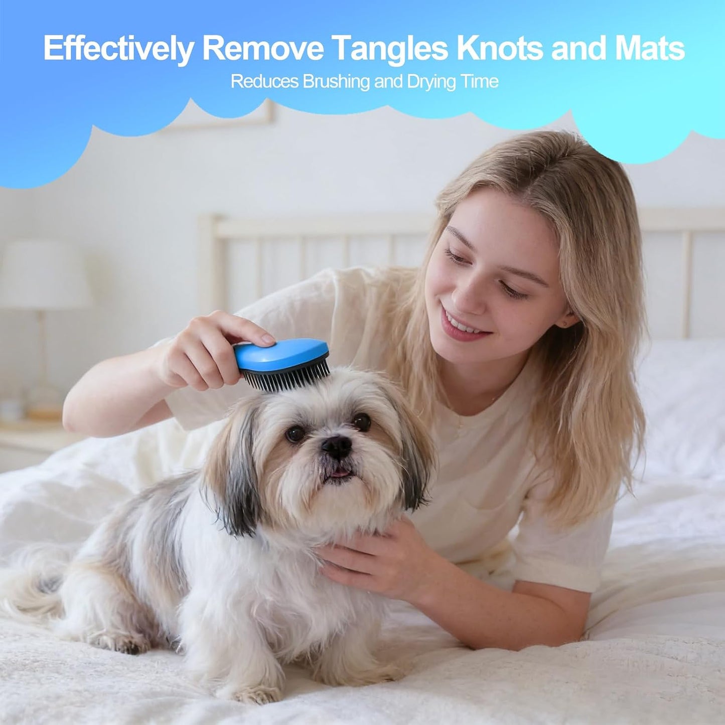 Top view of Maeelou blue puppy brush massage tool for Chihuahuas.