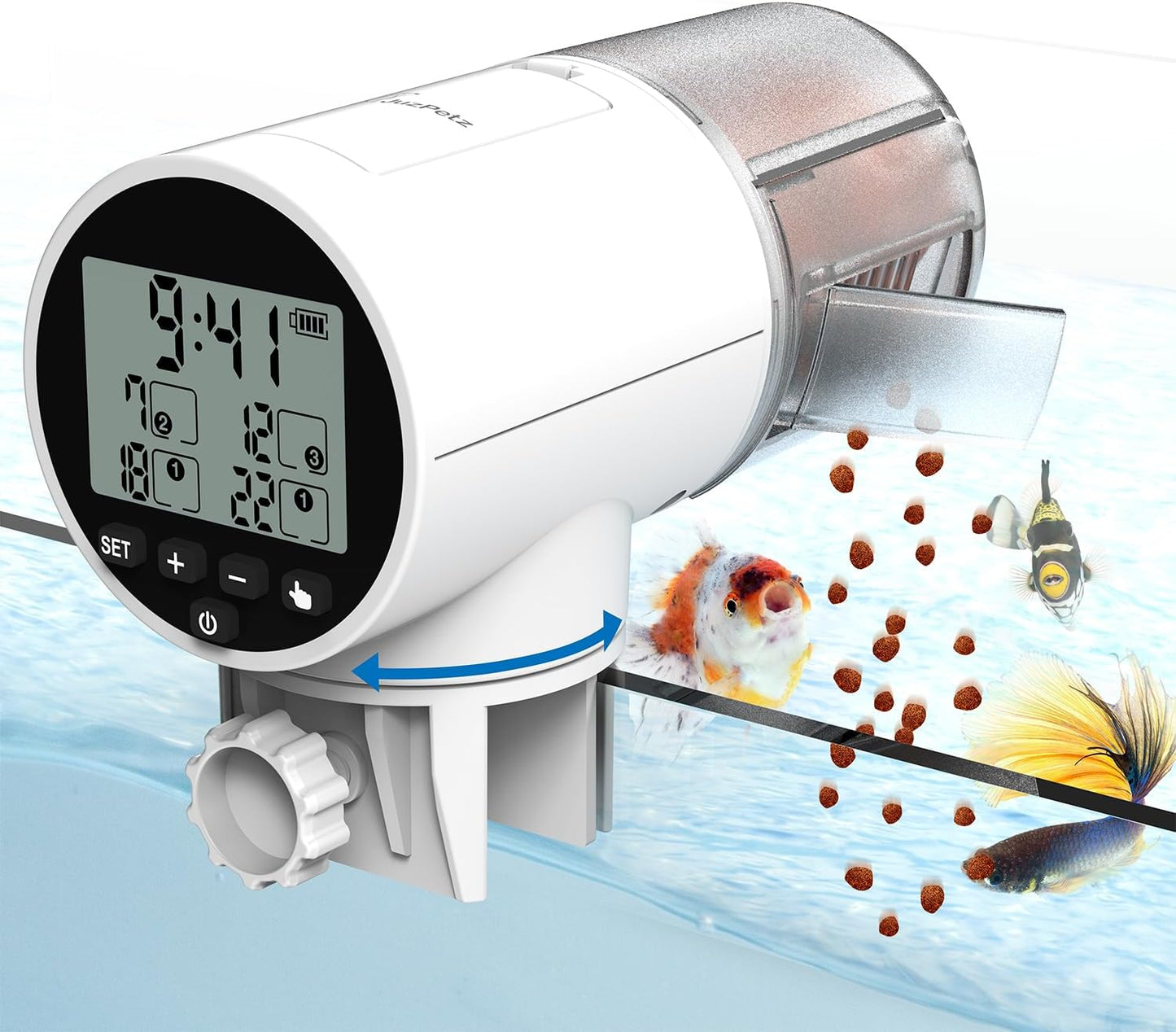 JuzPetz smart fish food dispenser packaging with included batteries