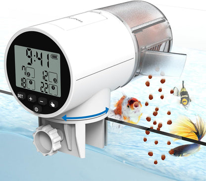 JuzPetz smart fish food dispenser packaging with included batteries