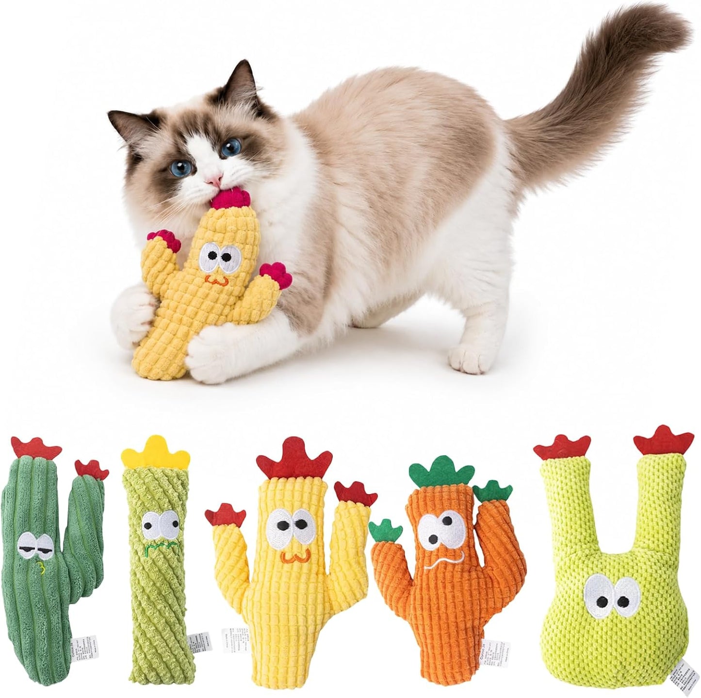 Pawsible cactus organic catnip plush cat toys front view showing five colorful pieces