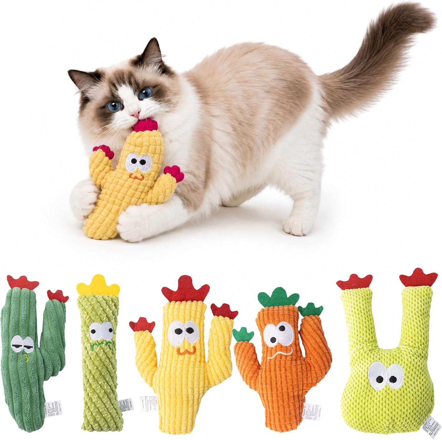 Pawsible cactus organic catnip plush cat toys front view showing five colorful pieces