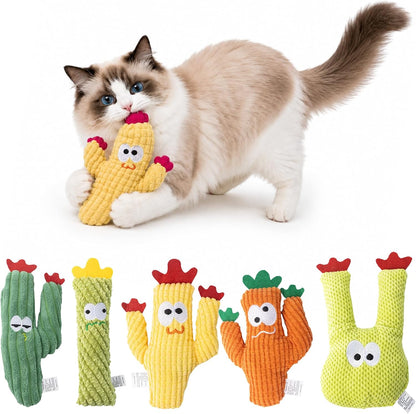 Pawsible cactus organic catnip plush cat toys front view showing five colorful pieces