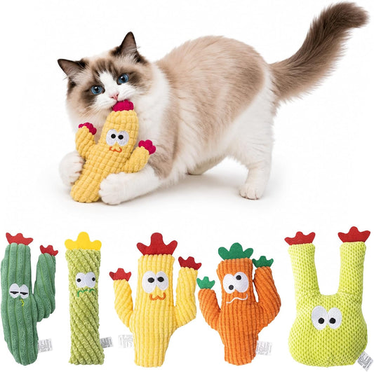 Pawsible cactus organic catnip plush cat toys front view showing five colorful pieces