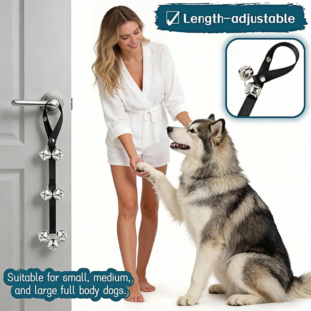 Pawbee dog bell hanging on door handle for size reference