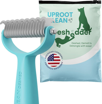 Uproot Clean Undercoat Rake for dogs front view showing turquoise handle and stainless steel teeth