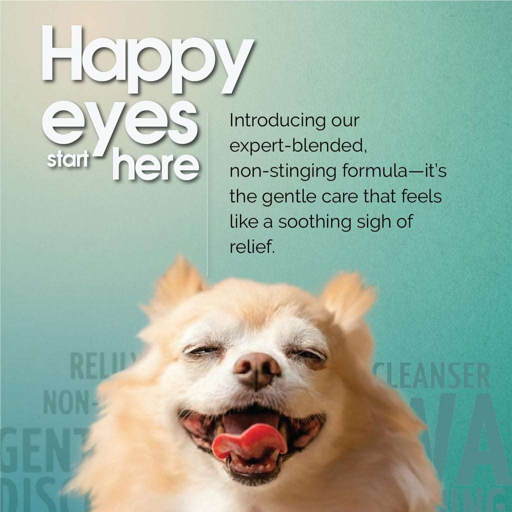 Angels' Eyes sterile pet eye rinse solution details and ingredient panel.