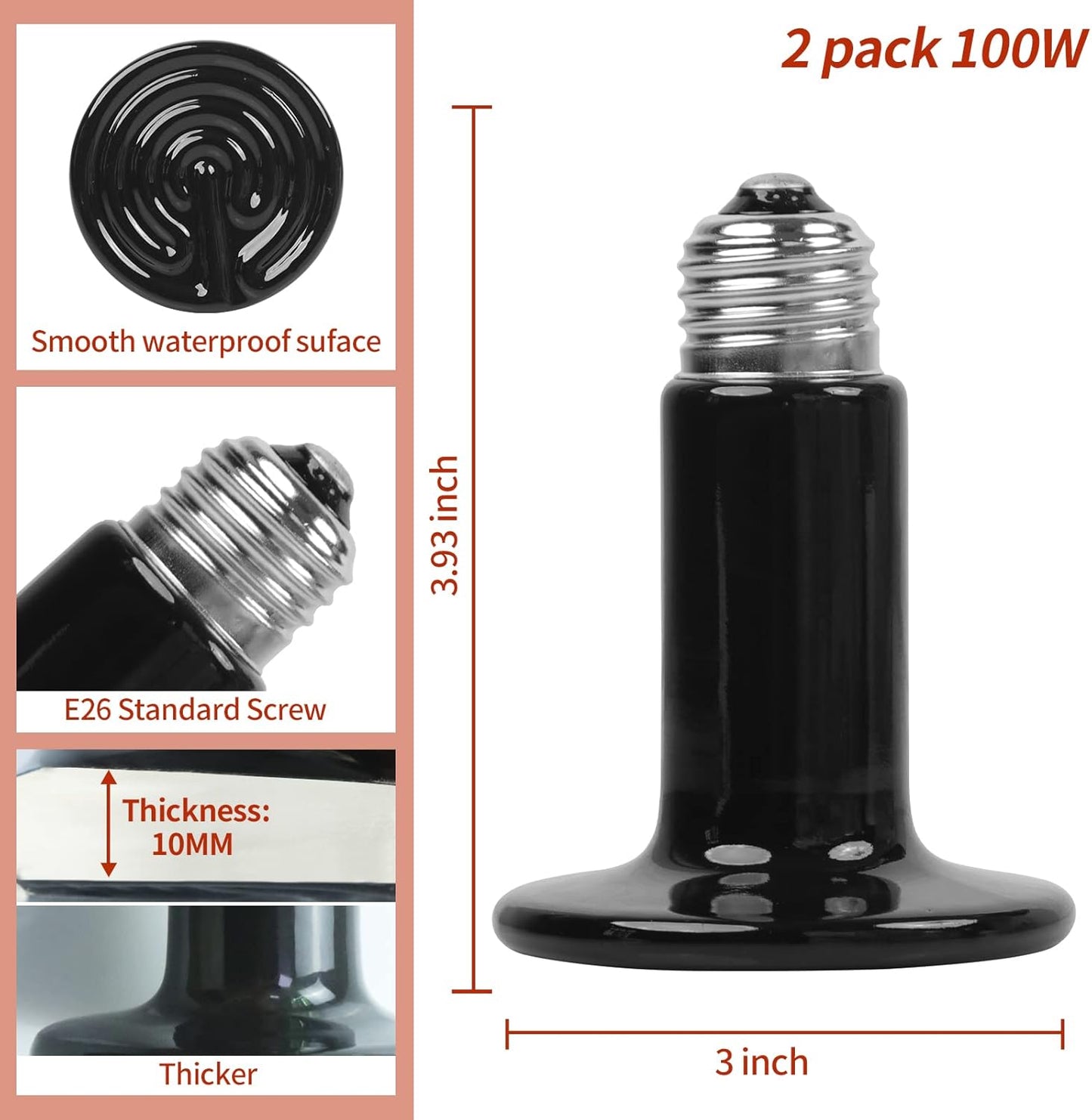 Two pack of REPTI HOME 100W ceramic heat lamp bulbs displaying the durable solid ceramic heating element