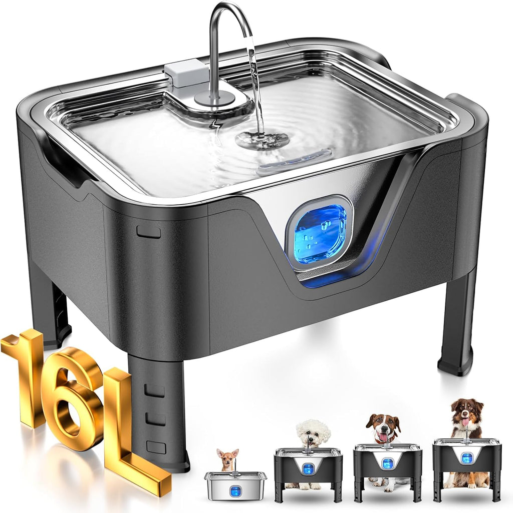 4.2Gal Dog Water Fountain for Large Dogs, 16L Stainless Steel Large Dog Fountain Water Bowl with Deeper & Wider Drinking Tray, Automatic Pet Water Dispenser with Visible Window for Multi-Pets Families - Image 10