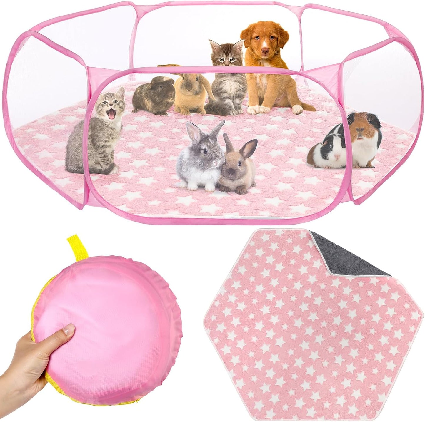 VitalCozy Hamster Playpen with Mat Small Animal Cage Tent Breathable Transparent Guinea Pig Playpen Waterproof Portable Yard Fence Mat Foldable Exercise Playpen Outdoor Indoor (Pink,Star) - Image 1