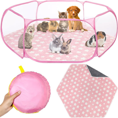 VitalCozy Hamster Playpen with Mat Small Animal Cage Tent Breathable Transparent Guinea Pig Playpen Waterproof Portable Yard Fence Mat Foldable Exercise Playpen Outdoor Indoor (Pink,Star) - Image 1