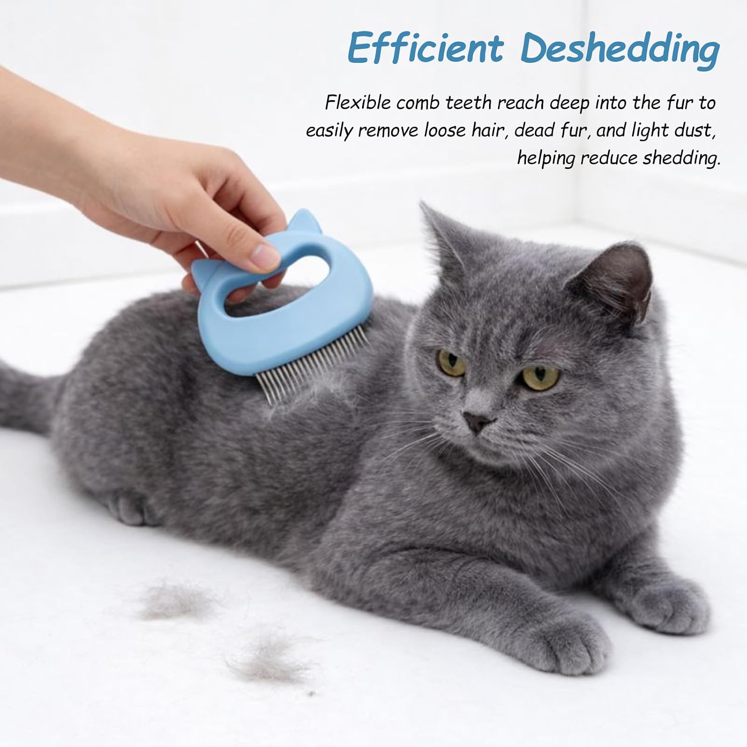 Cat being groomed with blue Gmlawsc massage shell comb