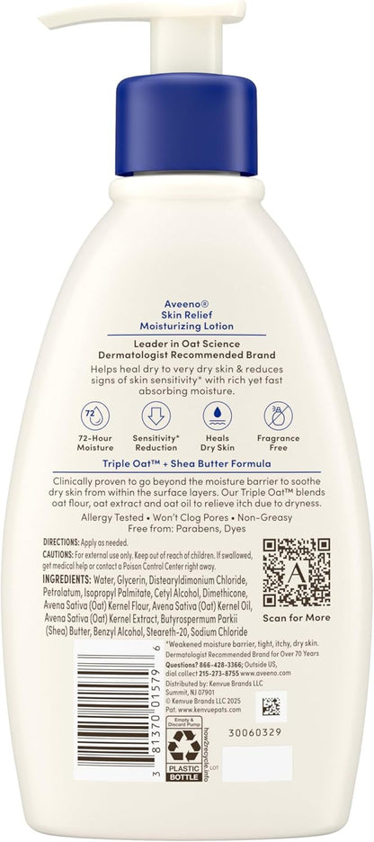 Aveeno Skin Relief Moisturizing Lotion Heals Very Dry, Sensitive Skin, Fast-Absorbing Body Lotion with Soothing Triple Oat & Shea Butter Formula, Fragrance Free, Non-Comedogenic, 12 fl. oz - Image 7
