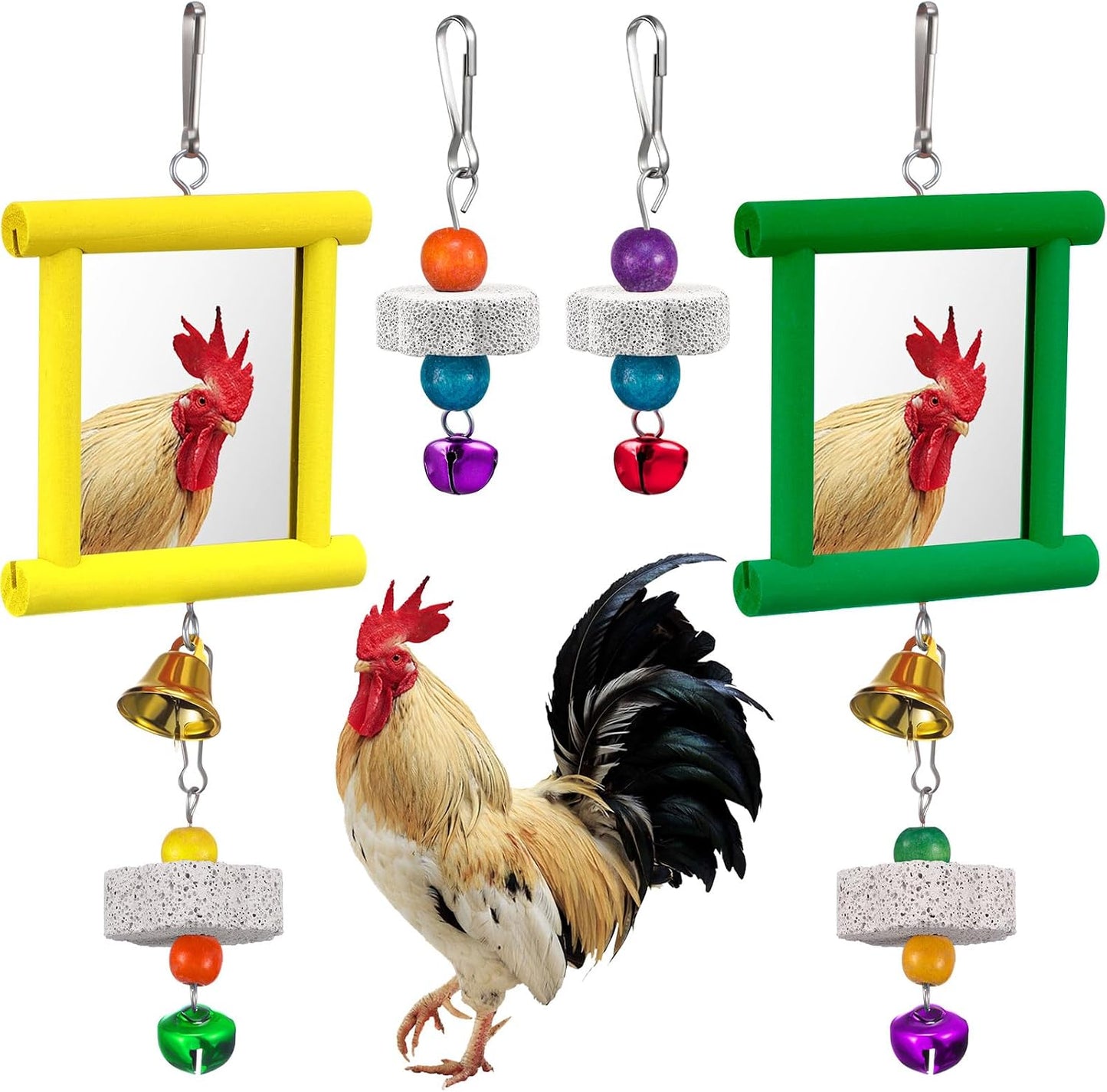 Sumind 2 Pieces Chicken Mirror Toys Hanging Swing Mirror with Bell Wooden Pecking Toy and 4 Pieces Beak Grinding Molar Stones for Hens Birds Parrots - Image 13