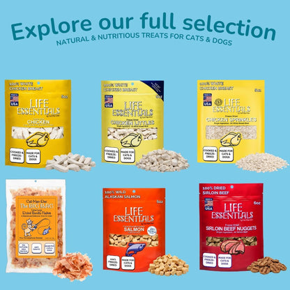 Cat-Man-Doo salmon pet treats crumbled over dry kibble as a meal topper