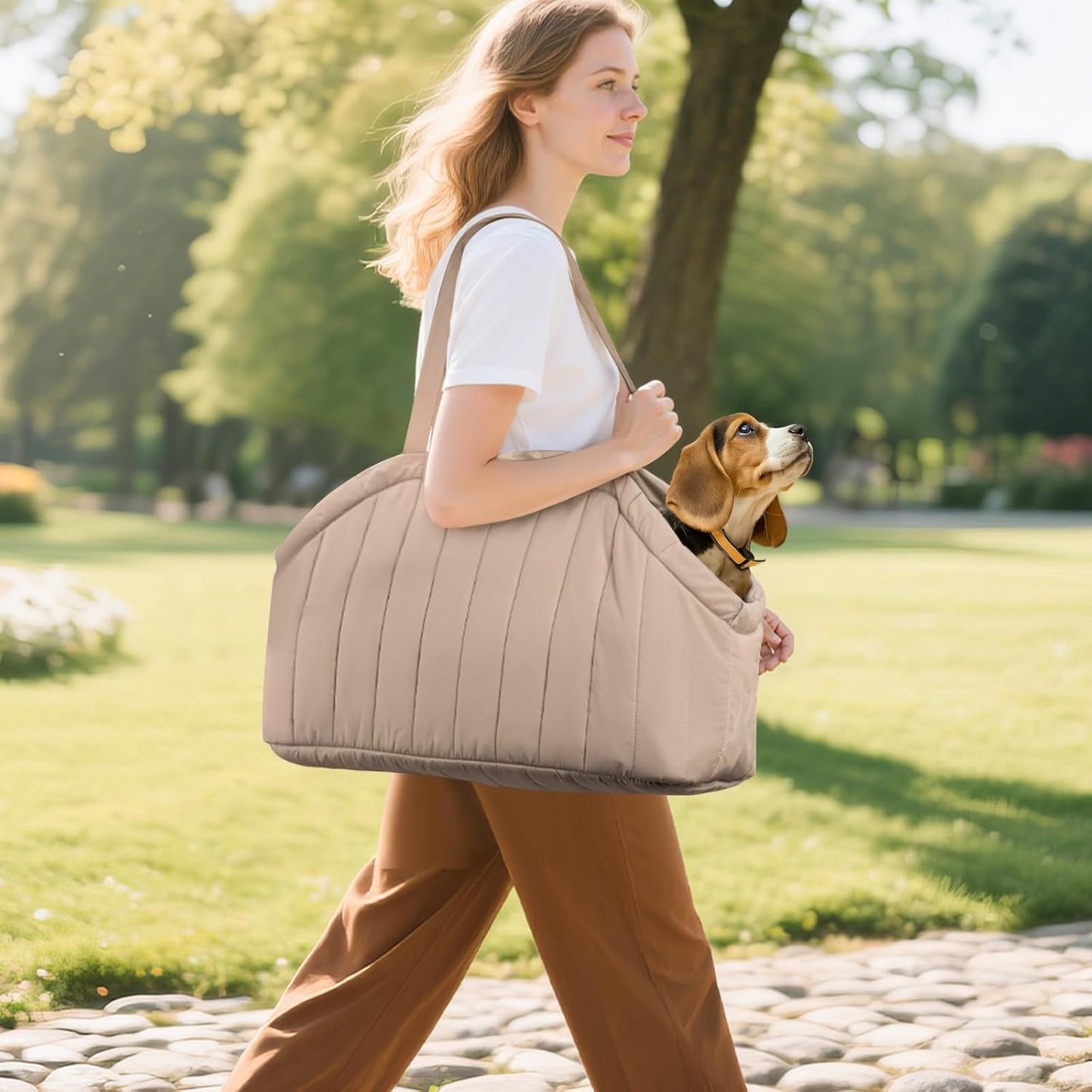 Side profile of brown dog tote bag for travel