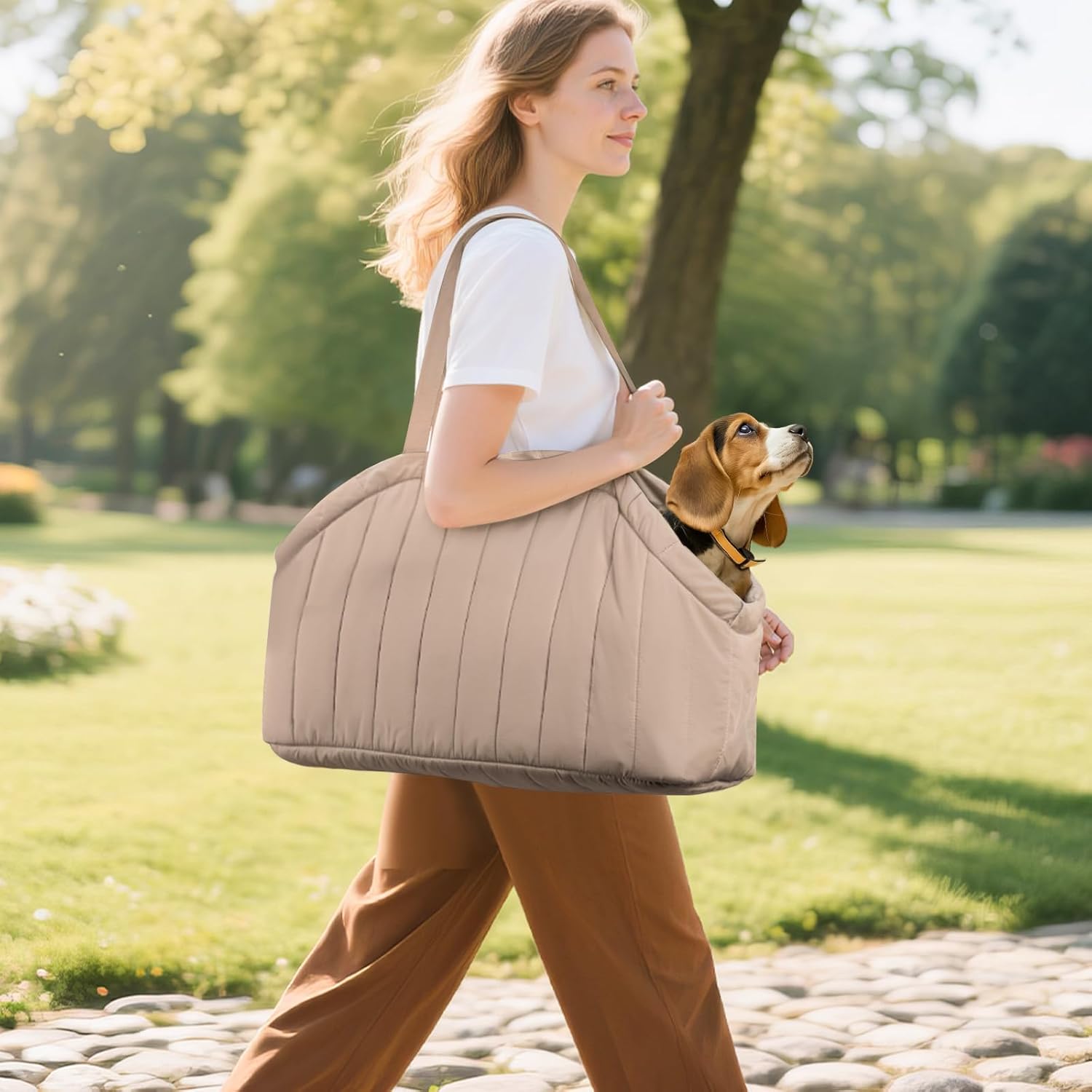 Side profile of brown dog tote bag for travel