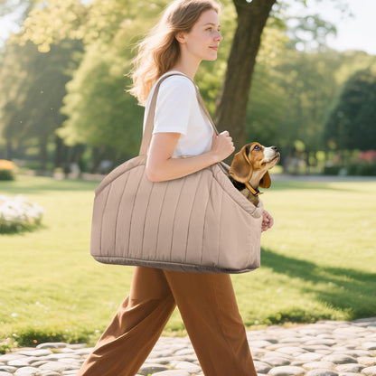 Side profile of brown dog tote bag for travel