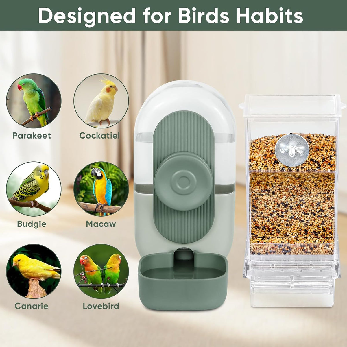 Complete two-pack set of bird feeder and water dispenser for parakeets.