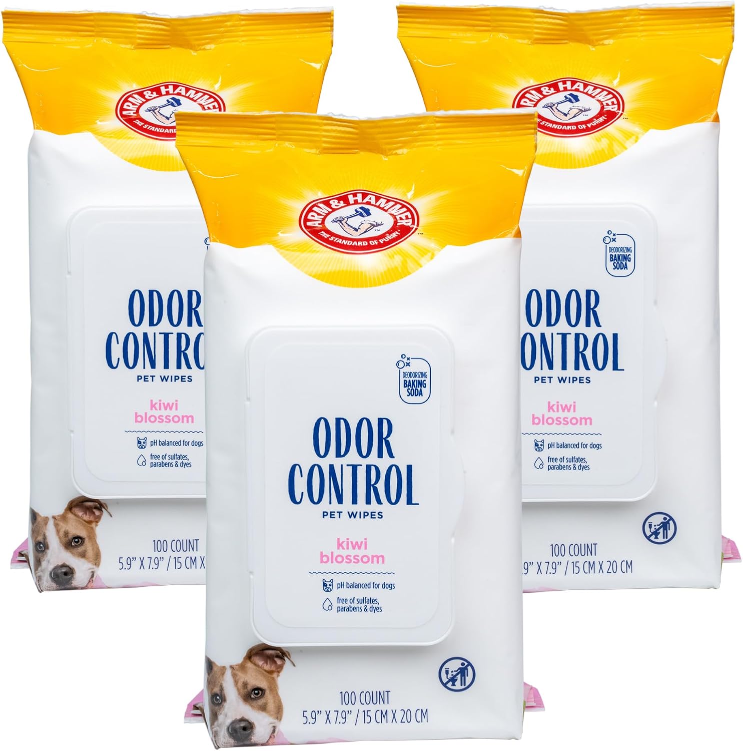 Pet safe deodorizing wipes being pulled from the pop up dispenser lid