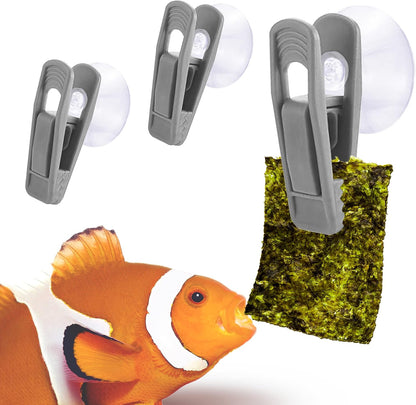 JOR Fish Veggie and Catappa Leaf Clip Feeder front view holding seaweed inside a clear aquarium tank.