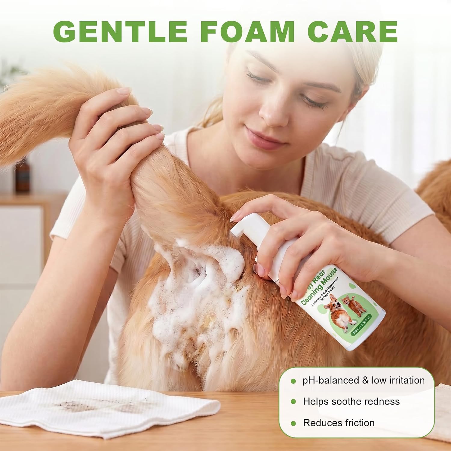 Oivolii pet rear washing foam instruction label and product dimensions view
