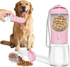 ARMLULU portable dog water bottle with food container pink front view showing dispensing bowl
