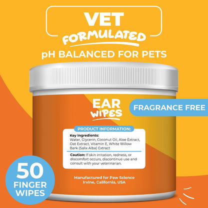 Close up of Paw Science hypoallergenic pet ear wipes container