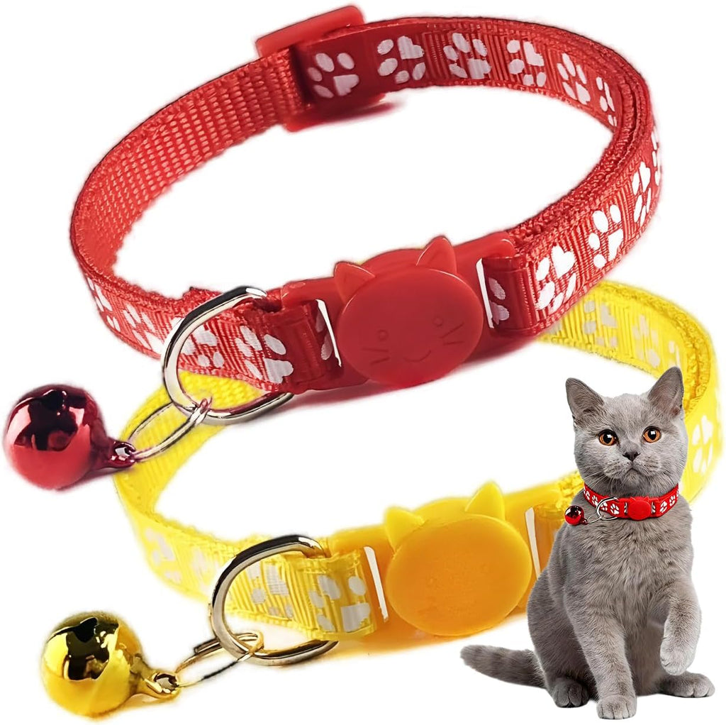 PSPORT Red Breakaway Cat Collar 2 Pack front view showcasing the paw print nylon strap and cat head buckle