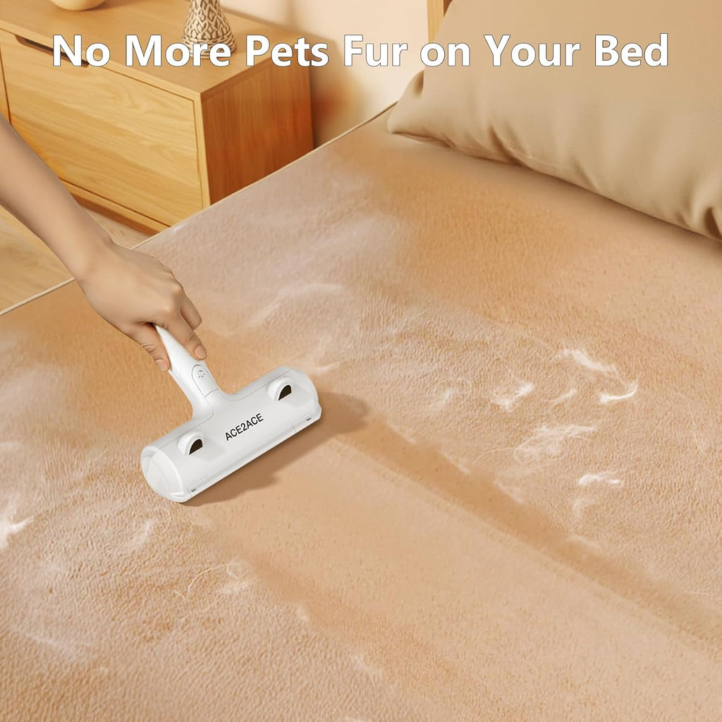 Using the pet hair remover tool on a fabric sofa