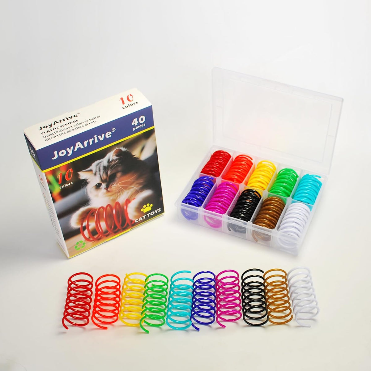 JoyArrive pack of forty piece premium kitten chasing toys inside the printed gift box packaging