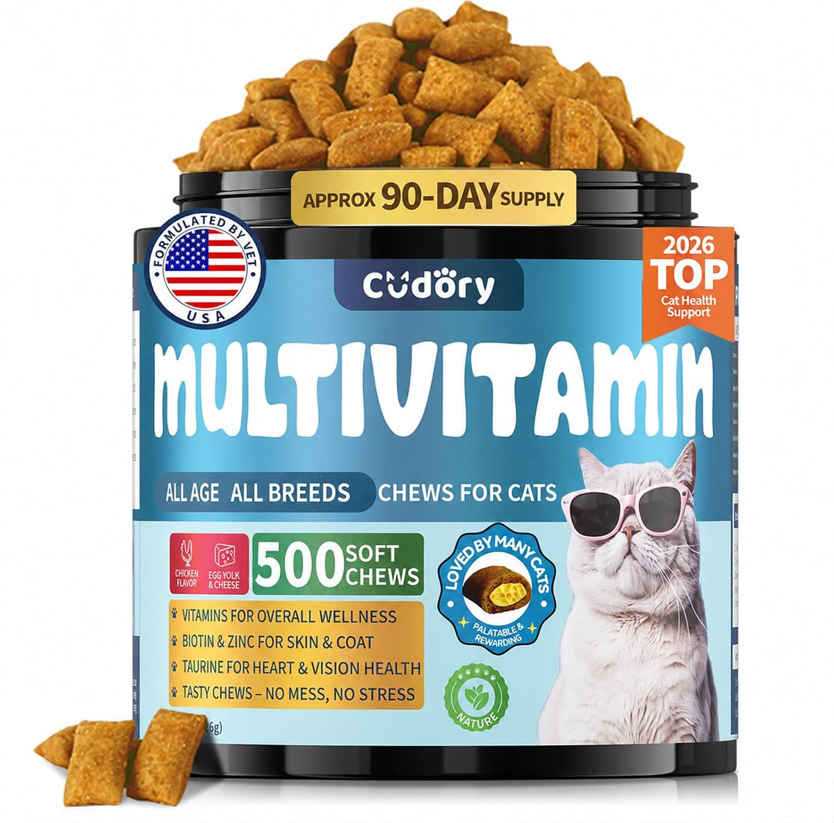 Cudory 15 in 1 Cat Multivitamin Chews bottle front view showcasing the 500 count label