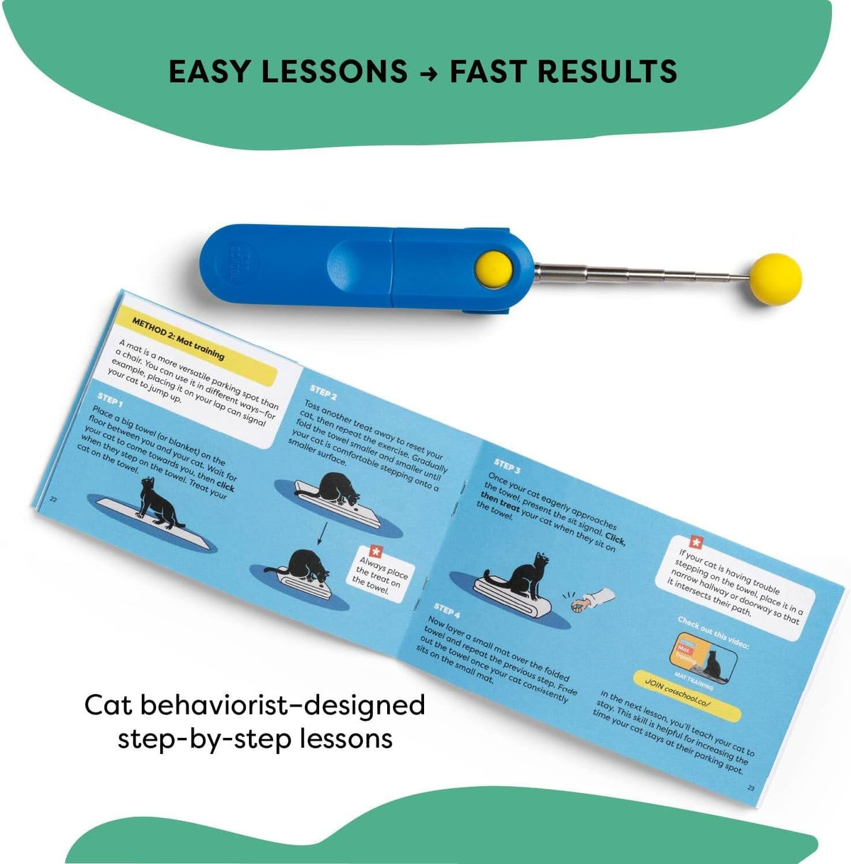 All in one feline enrichment kit featuring blue retractable stick and standalone finger loop clicker