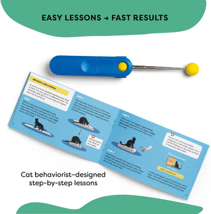 All in one feline enrichment kit featuring blue retractable stick and standalone finger loop clicker