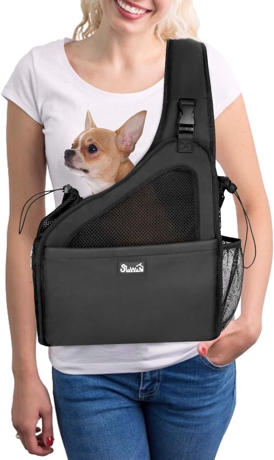 SlowTon Pet Dog Sling Carrier, Hands Free Hard Bottom Papoose Small Animal Puppy Up to 6 lbs Travel Bag Tote Breathable Mesh Support Adjustable Padded Strap Pocket Safety Belt(Widened Black) - Image 12