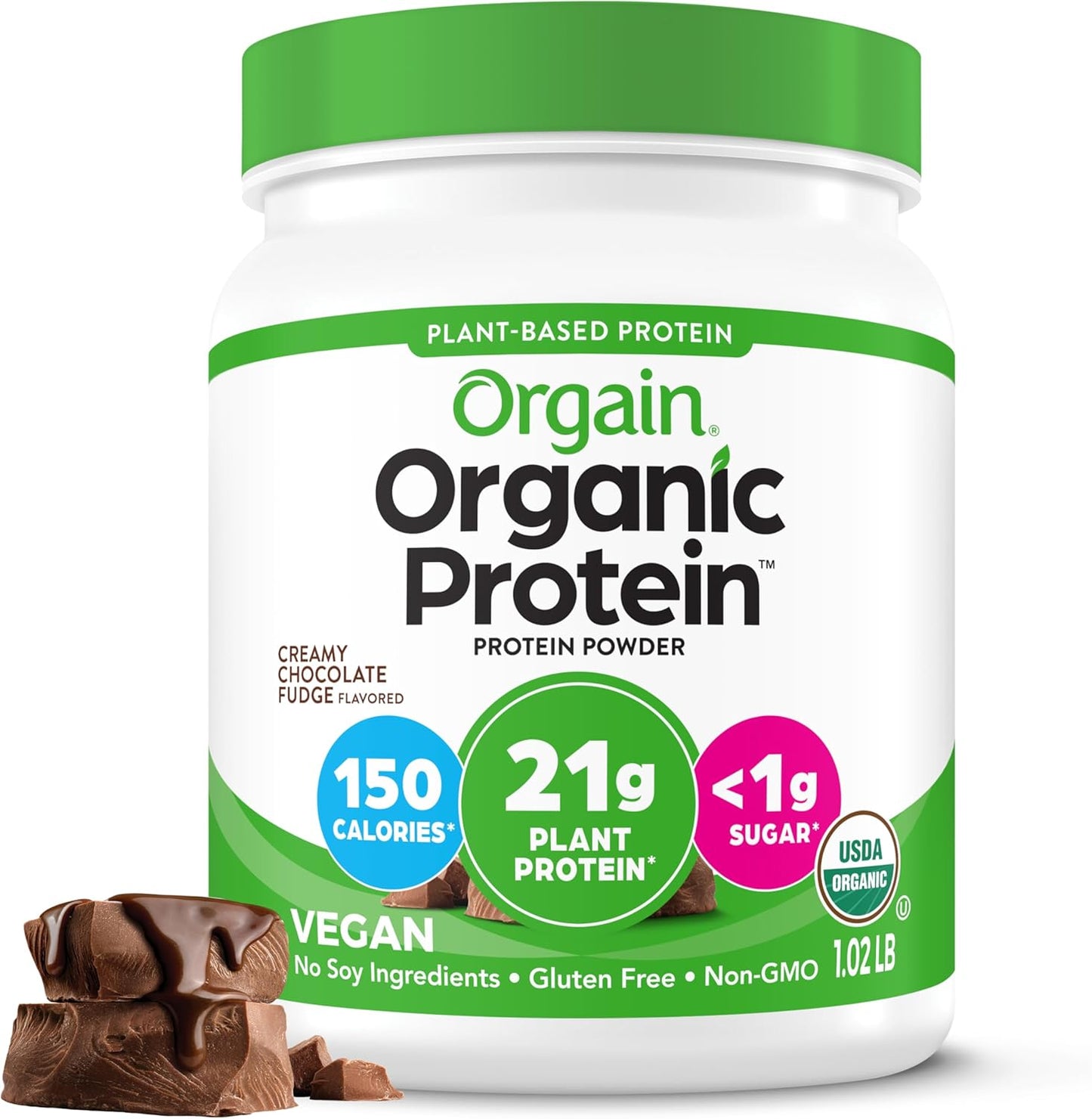 Orgain Organic Vegan Protein Powder Creamy Chocolate Fudge 1.02 Pound container front view