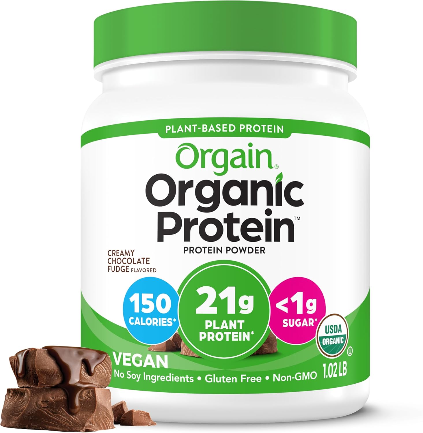 Orgain Organic Vegan Protein Powder Creamy Chocolate Fudge 1.02 Pound container front view