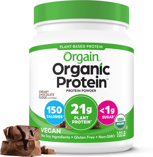Orgain Organic Vegan Protein Powder Creamy Chocolate Fudge 1.02 Pound container front view