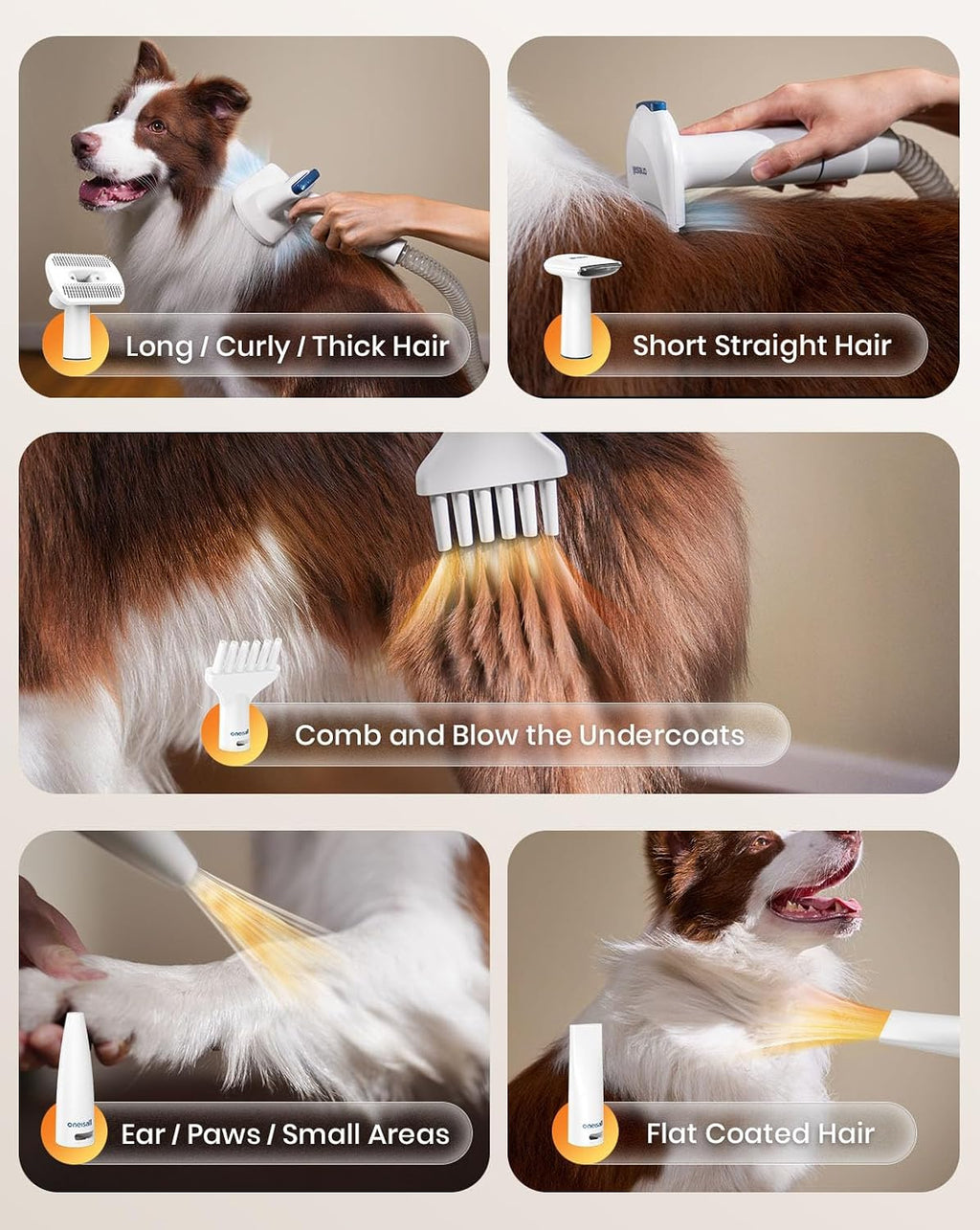 Oneisall de-shedding brush attachment collecting loose undercoat fur directly into the suction hose