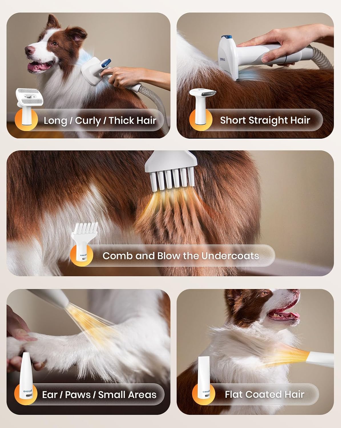 Oneisall de-shedding brush attachment collecting loose undercoat fur directly into the suction hose