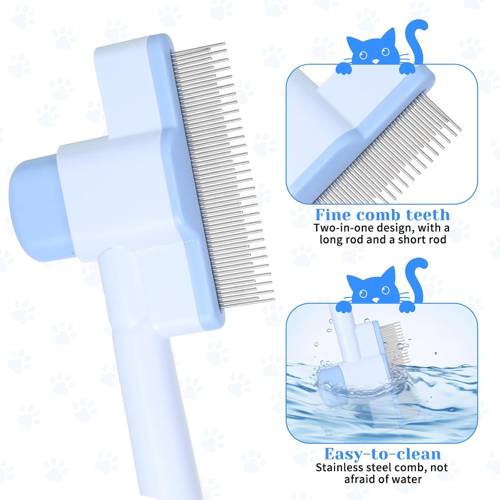 LXUEJIE pet hair removal comb highlighting the dual long and short stainless steel teeth.