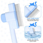 LXUEJIE pet hair removal comb highlighting the dual long and short stainless steel teeth.