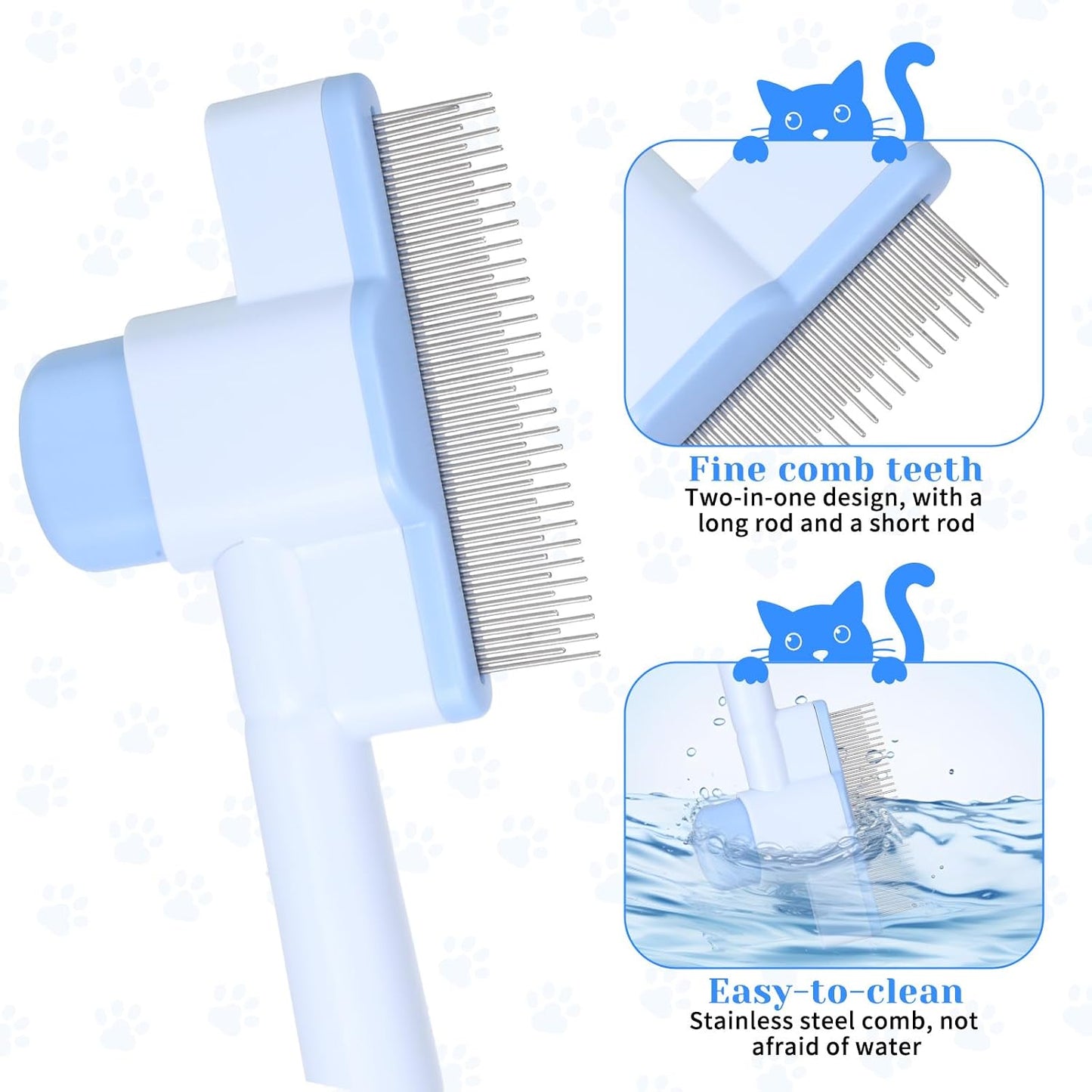 LXUEJIE pet hair removal comb highlighting the dual long and short stainless steel teeth.
