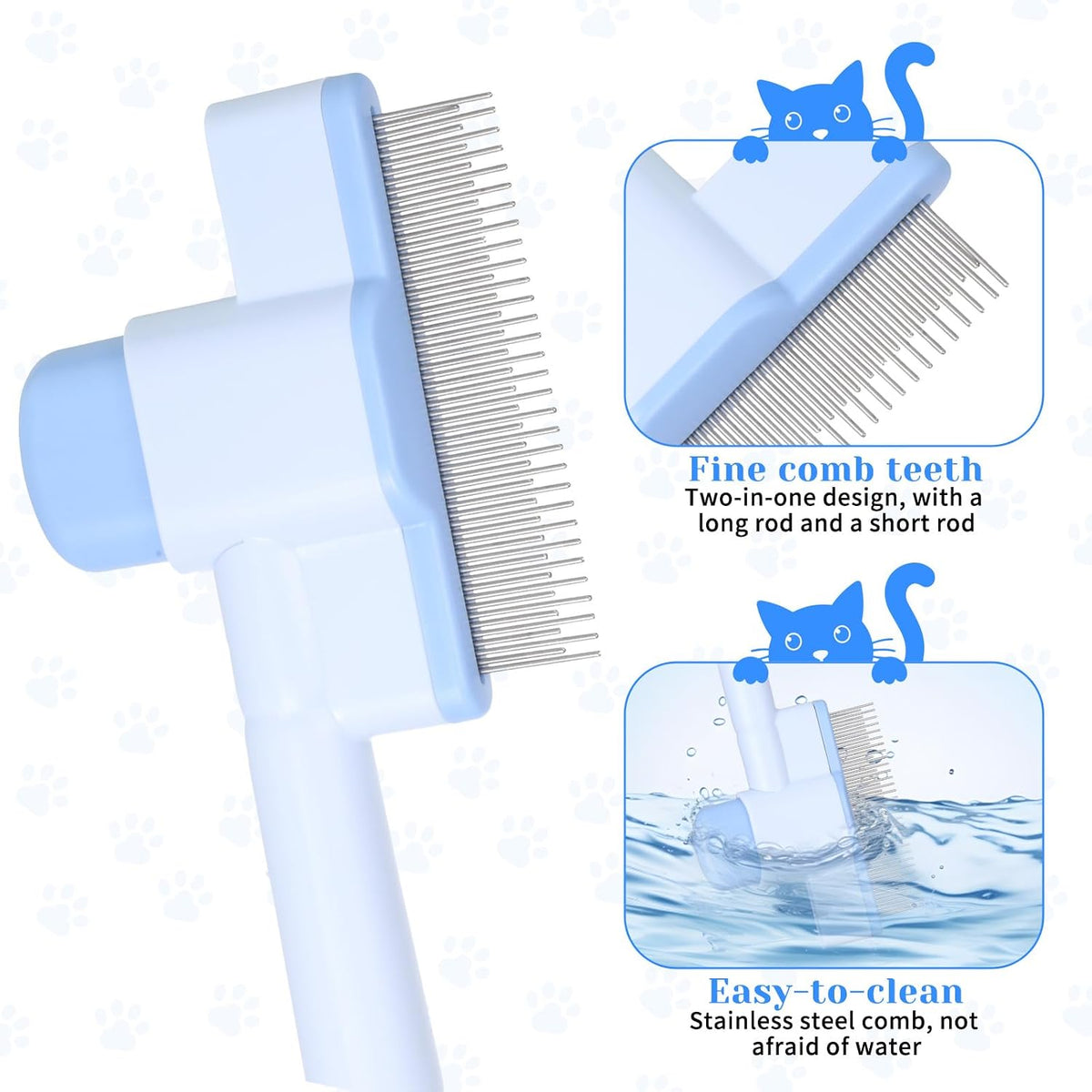 LXUEJIE pet hair removal comb highlighting the dual long and short stainless steel teeth.